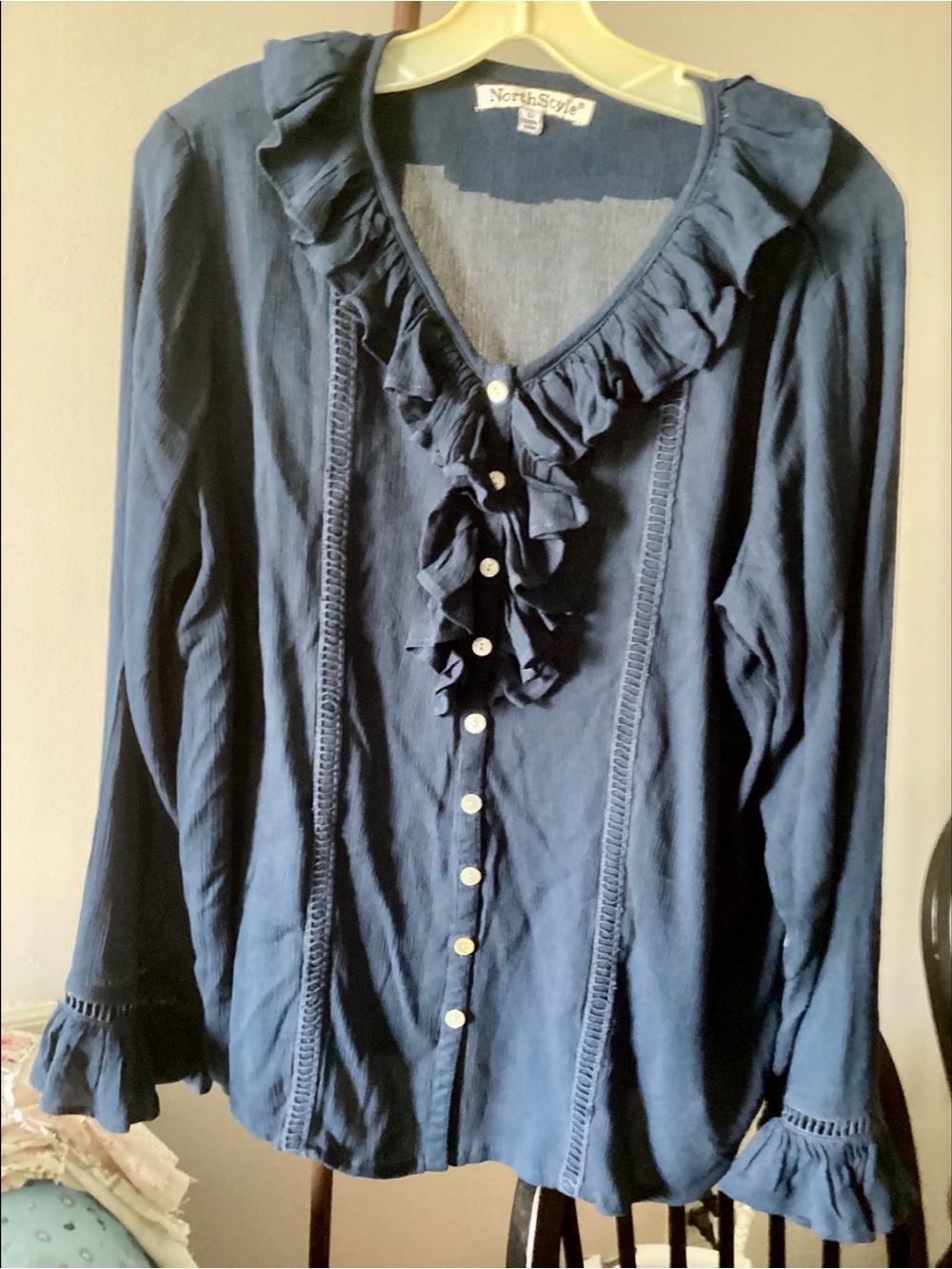 L Ruffled Front Dark Navy Blue Long Sleeve Romantic Blouse